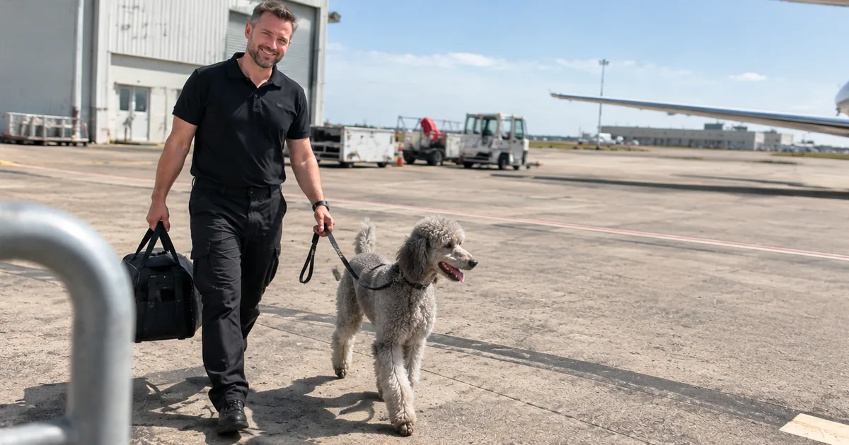Dog boarding private jet with pet handler - Illustrative Image