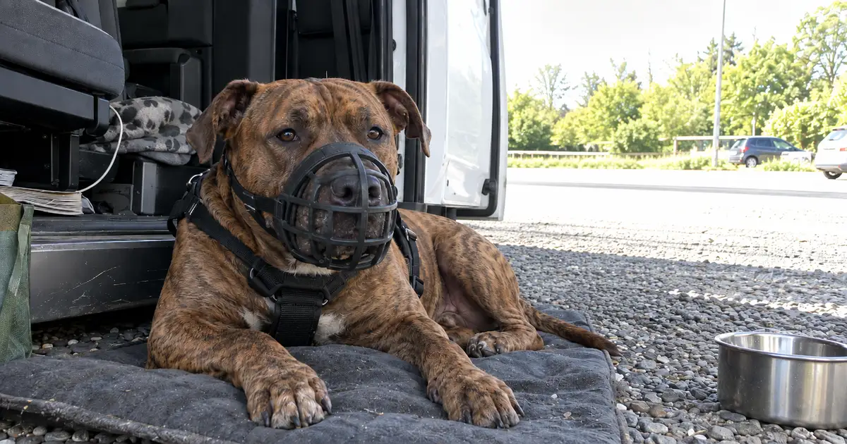 Muzzled XL Bully resting during pet journey - Illustrative Image Muzzled XL Bully resting during pet journey - Illustrative Image