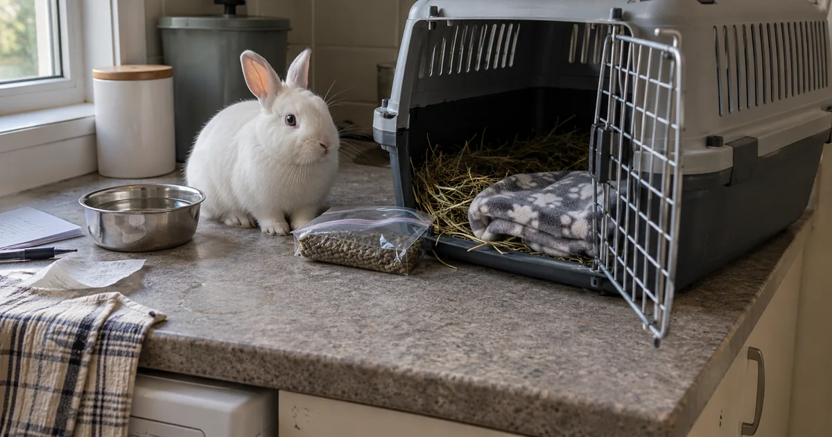 Rabbit beside pet travel carrier for journey abroad - Illustrative Image Rabbit beside pet travel carrier for journey abroad - Illustrative Image