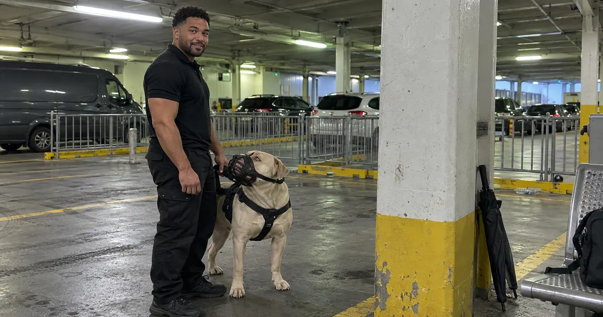 XL Bully on ferry vehicle deck with pet handler – Illustrative Image XL Bully on ferry vehicle deck with pet handler - Illustrative Image